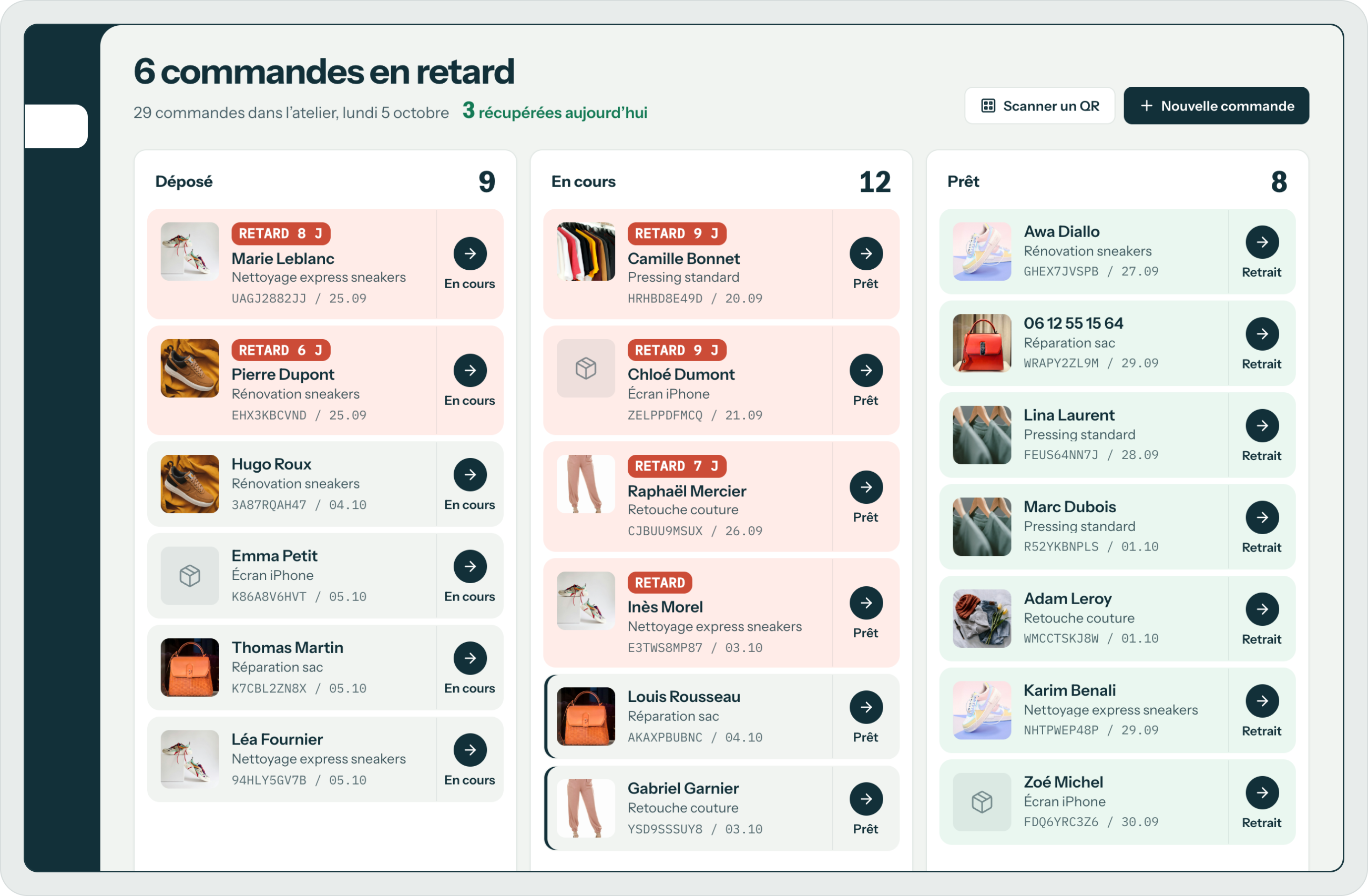 Le quai de l'atelier : « 6 commandes en retard », 29 commandes dans l'atelier, 3 récupérées aujourd'hui, et les trois colonnes de commandes.