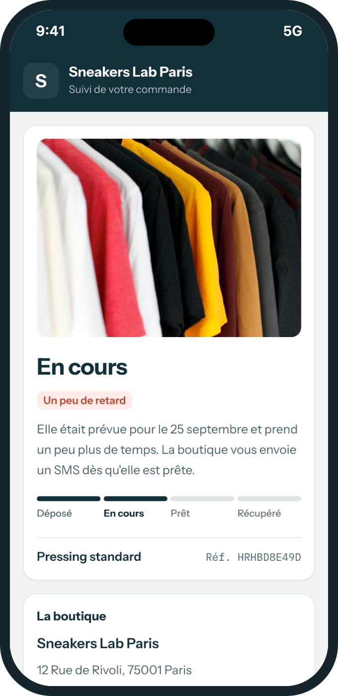 Page de suivi d'une commande en retard : « En cours », la mention « Un peu de retard » et la phrase qui explique la suite.