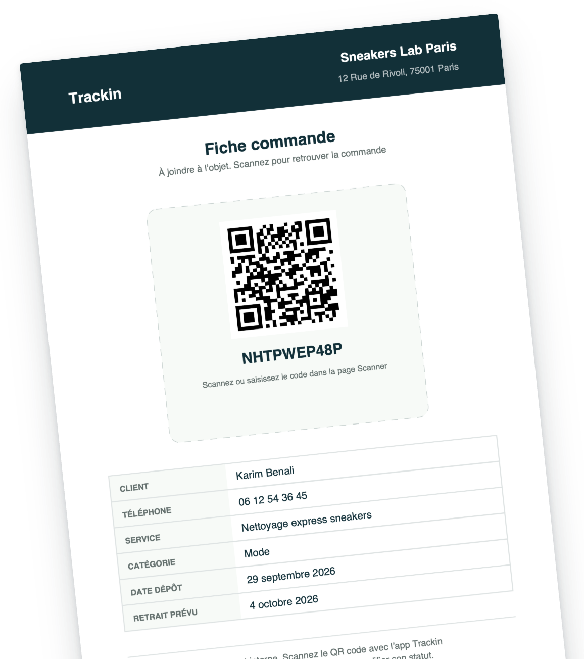 La fiche A5 d'une commande, avec le nom de la boutique, le QR code et le code de la commande.