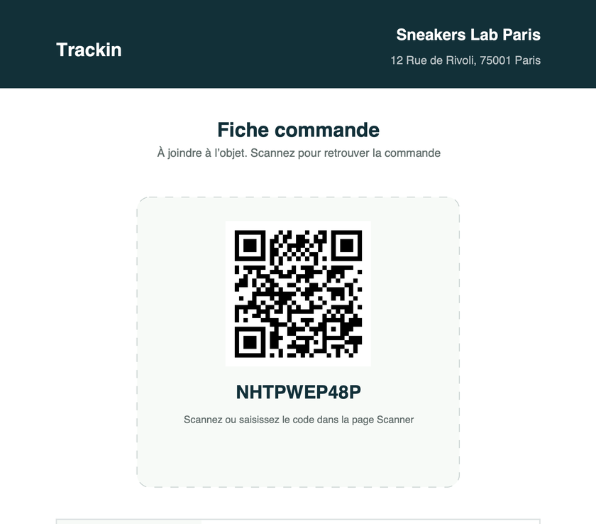 Le haut d'une fiche commande : le nom de la boutique, le QR code et le code de la commande.